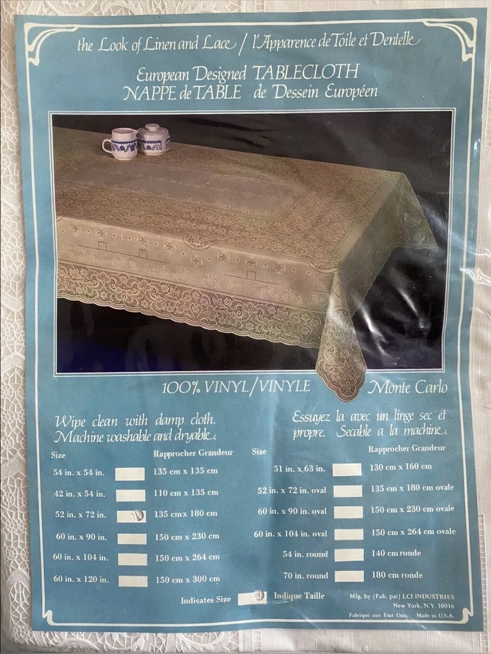 Vintage European Design Look Of Linen And Lace Vinyl Tablecloth 52”x73” USA